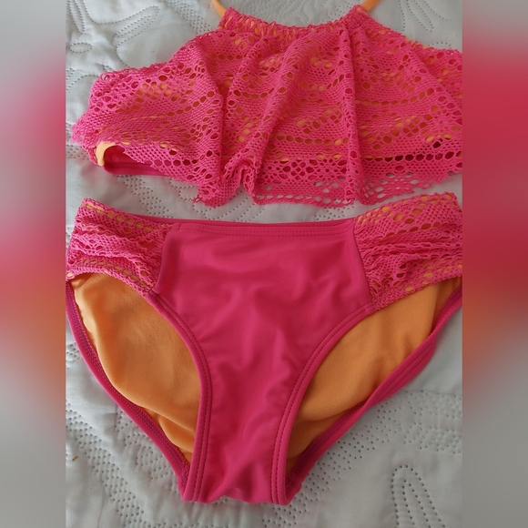 Justice Cat & Jack Swimsuit, Girl's Hot Pink Halter Bikini Set, Size Medium 7/8 - Picture 3 of 8